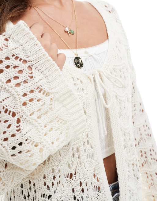Miss Selfridge tie front boho cardigan in cream