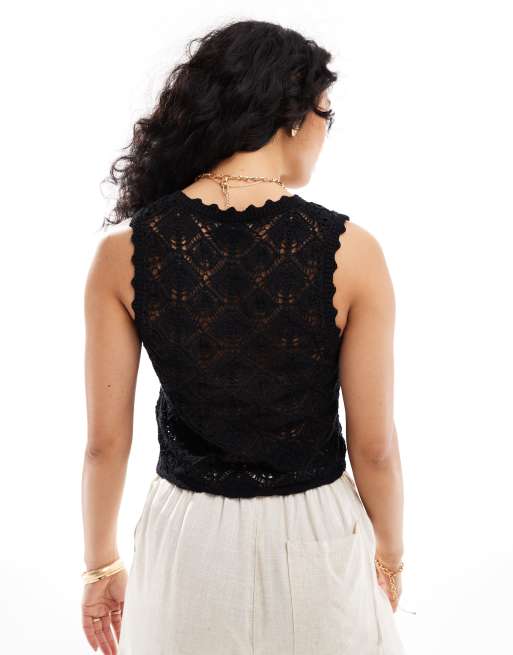 Miss Selfridge crochet tie front s/less top in black | ASOS