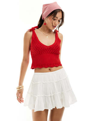 crochet tie shoulder cami top in red