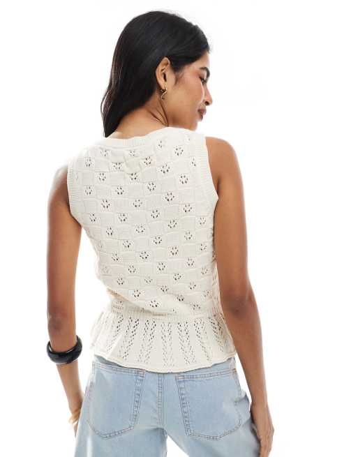 Miss Selfridge crochet tie waist sleeveless peplum cardigan in cream