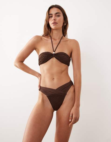 Miss Selfridge crochet V-front bikini bottoms in chocolate - view 1