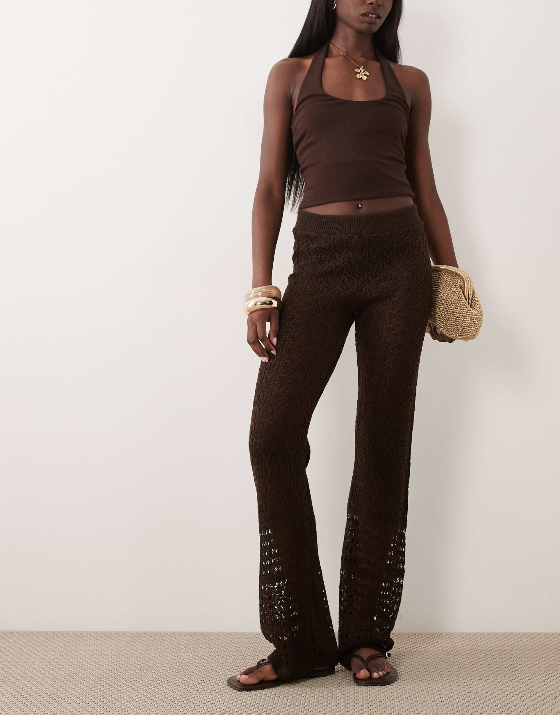miss selfridge crochet wide leg pants in brown - part of a set