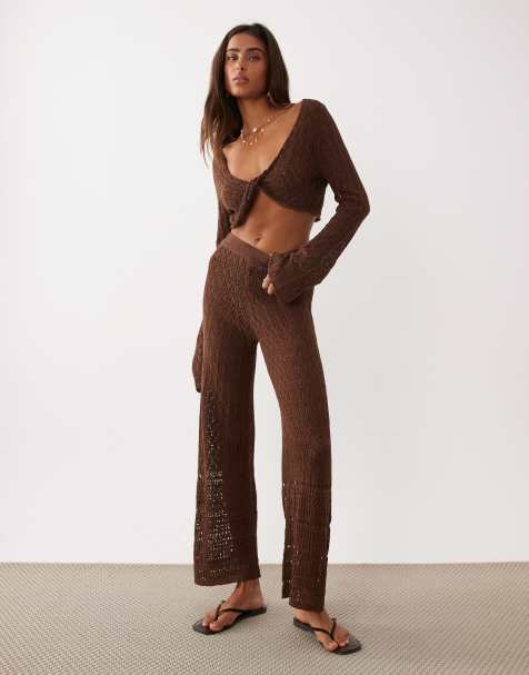 Miss Selfridge crochet wide leg pants in chocolate - view 1