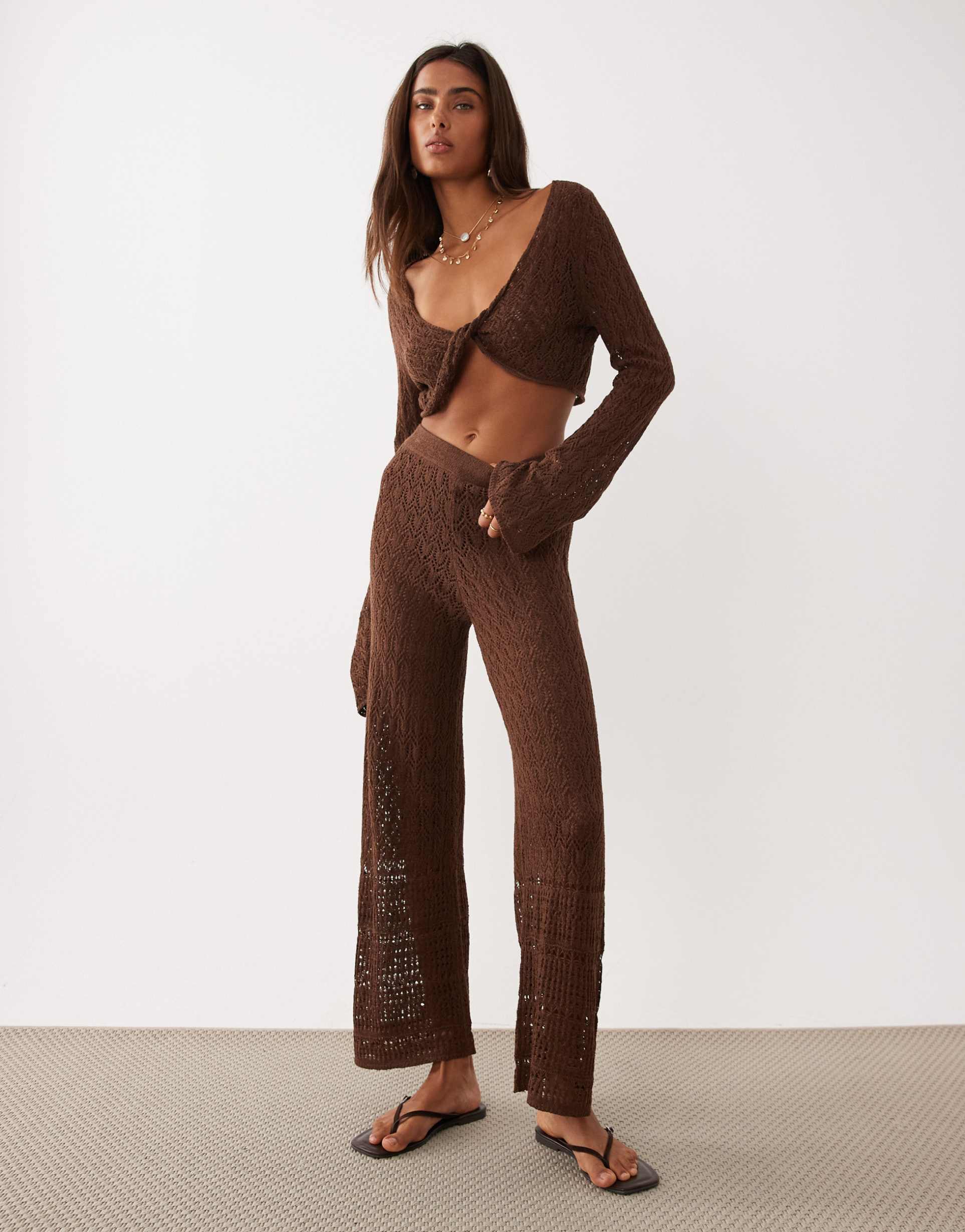 miss selfridge crochet wide leg pants in chocolate