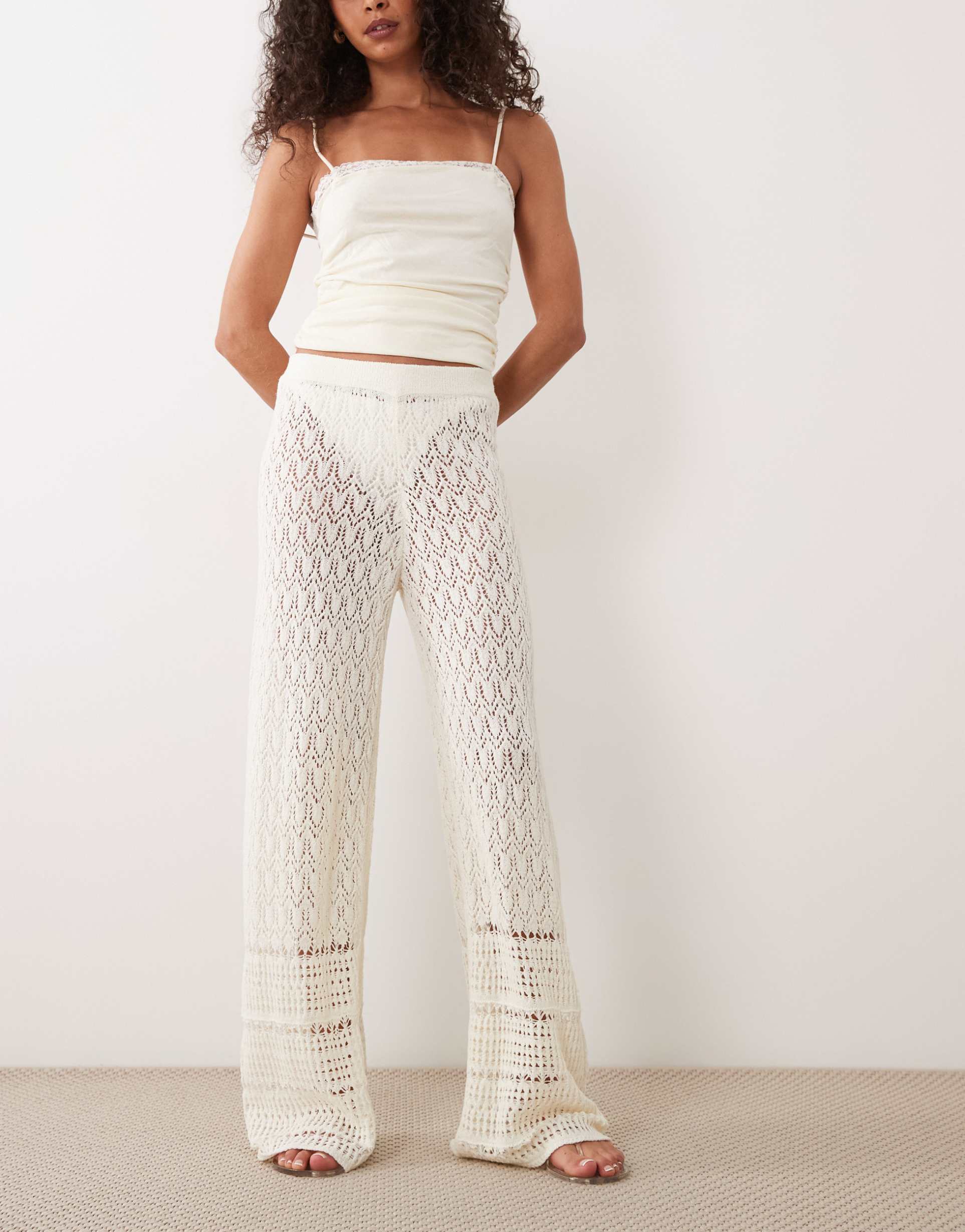 miss selfridge crochet wide leg pants in cream