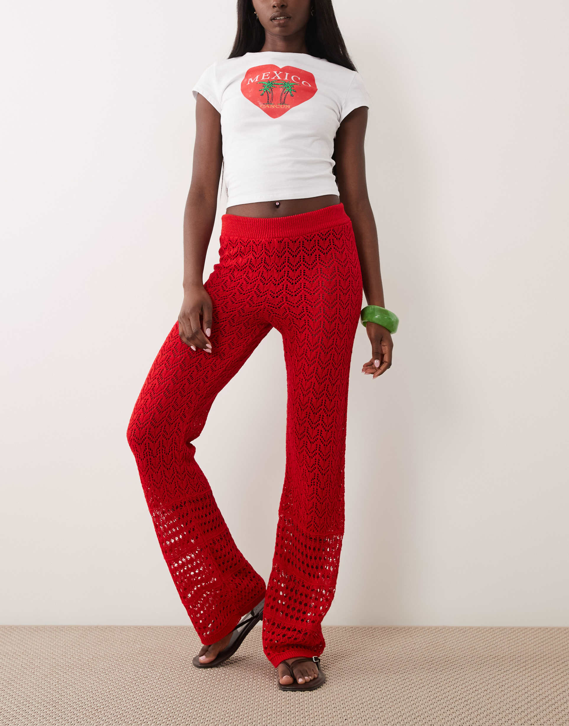 miss selfridge crochet wide leg pants in red - part of a set