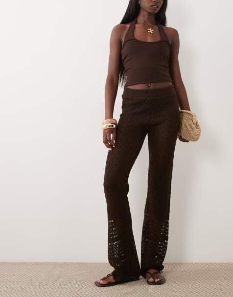 Miss Selfridge crochet wide leg trouser co-ord in brown - view 1