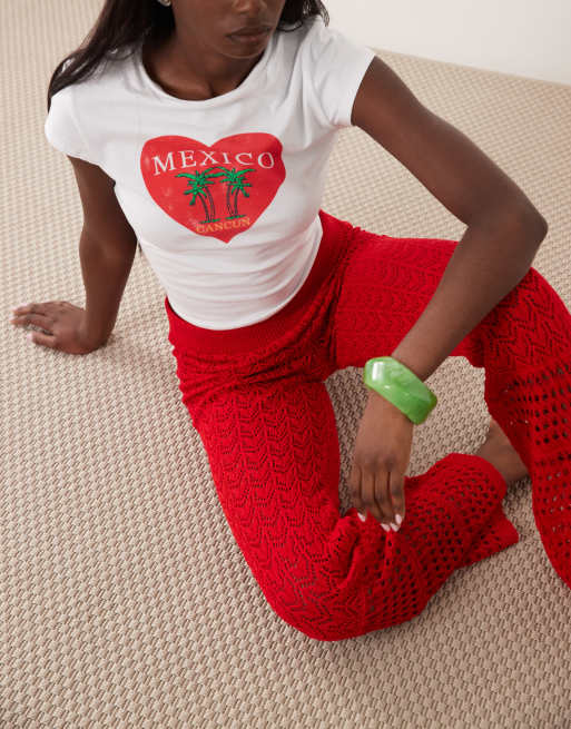 Miss Selfridge crochet wide leg trouser co-ord in red, 4 of 5