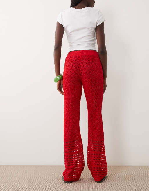 Miss Selfridge crochet wide leg trouser co-ord in red, 5 of 5