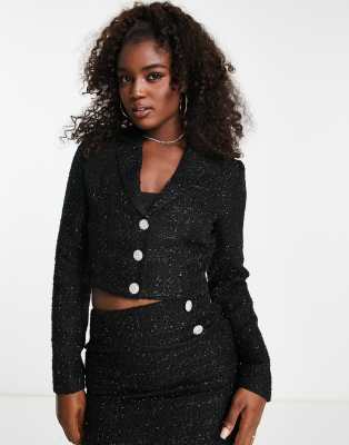 Miss Selfridge crop boucle blazer with dimante buttons co-ord in black