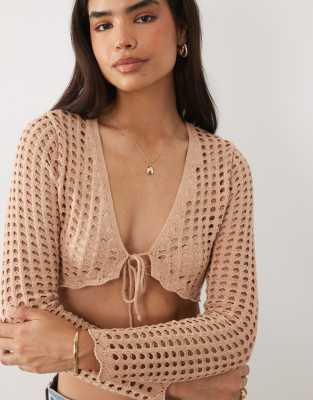 Miss Selfridge Crop Crochet Tie Front Cardigan In Neutral