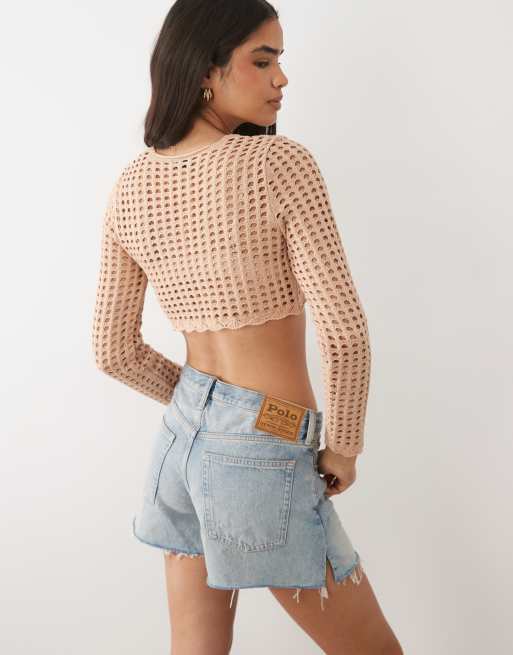 Miss Selfridge crop crochet tie front cardigan in dusky pink, 3 of 4