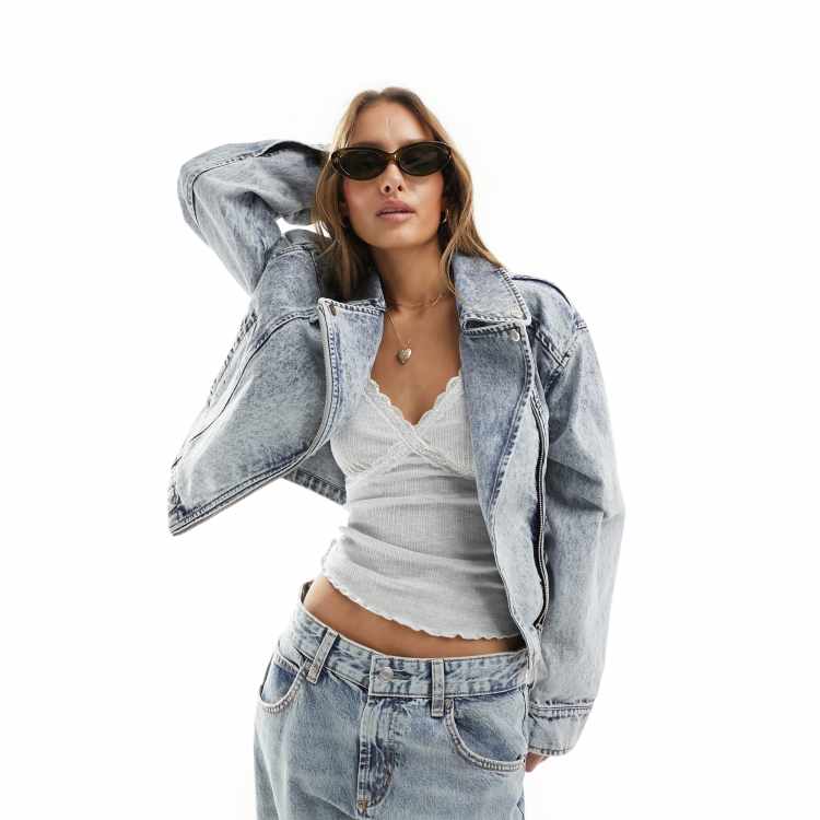 Miss Selfridge crop denim biker jacket in blue acid wash ASOS