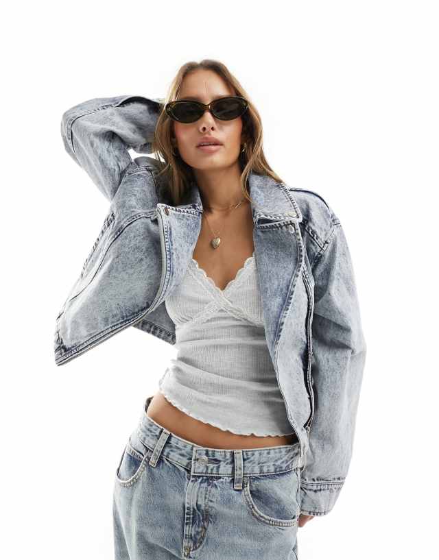 Miss Selfridge - crop denim biker jacket in blue acid wash