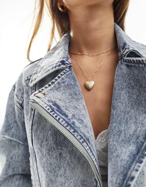 Miss Selfridge crop denim biker jacket in blue acid wash ASOS