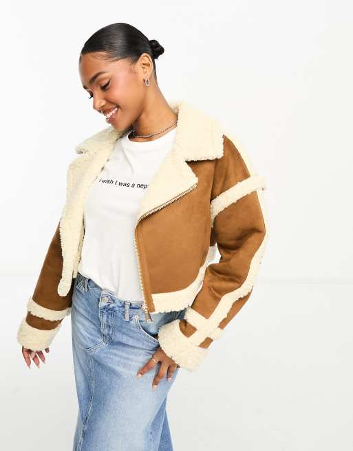 Miss Selfridge crop suedette borg aviator jacket in tan ASOS