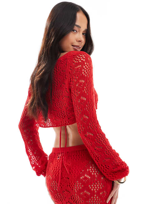 Miss Selfridge - Crop top a maniche lunghe da spiaggia rosso all'uncinetto, 3 di 4
