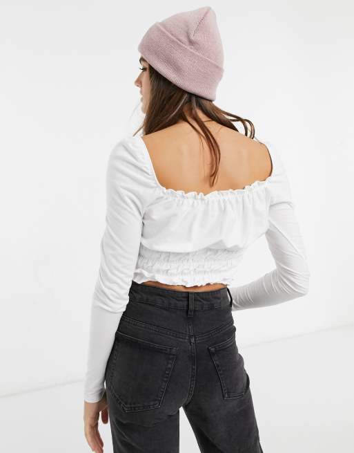 Miss Selfridge - Crop top arricciato a maniche lunghe bianco, 2 di 4