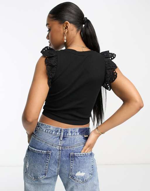 Miss Selfridge - Crop top côtelé à manches volantées en broderie anglaise - Noir , 3 de 4