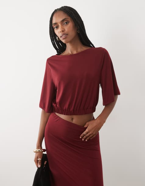 Miss Selfridge - Crop top d'ensemble à manches chauve-souris et ourlet froncé - Prune - view 1