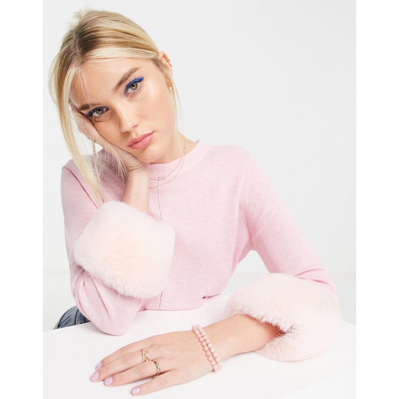 Maglioni Donna Miss Selfridge - Crop top lavorato a maglia rosa con polsini in pelliccia sintetica