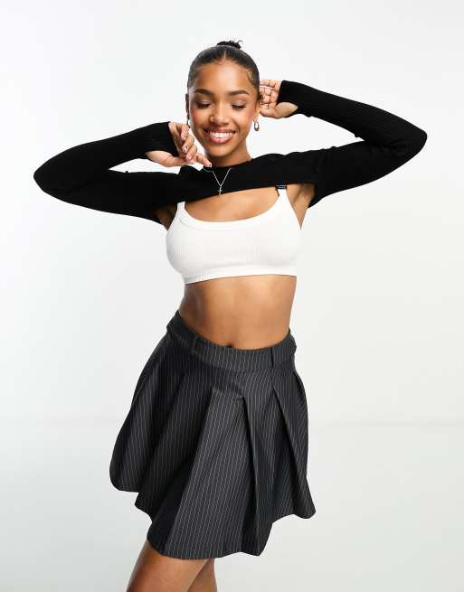 Crop Top En Maille Tricot Ajourée Crème Et Rayures