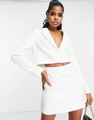Miss Selfridge cropped blazer with pearl embellishment co-ord in ivory