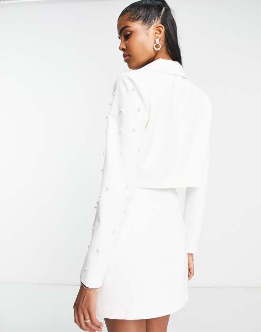 Miss Selfridge cropped blazer with pearl embellishment co ord in ivory