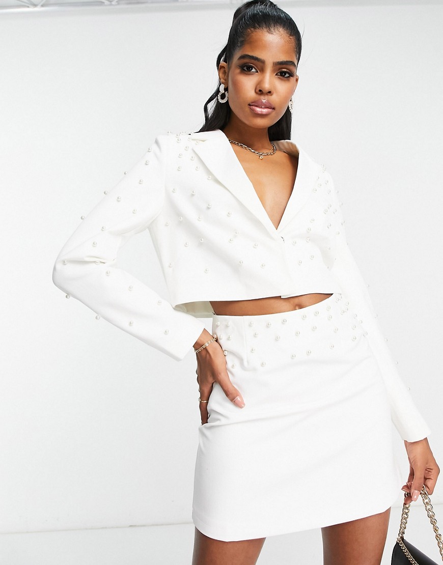 Miss Selfridge cropped blazer with pearl embellishment in ivory - part of a set-White