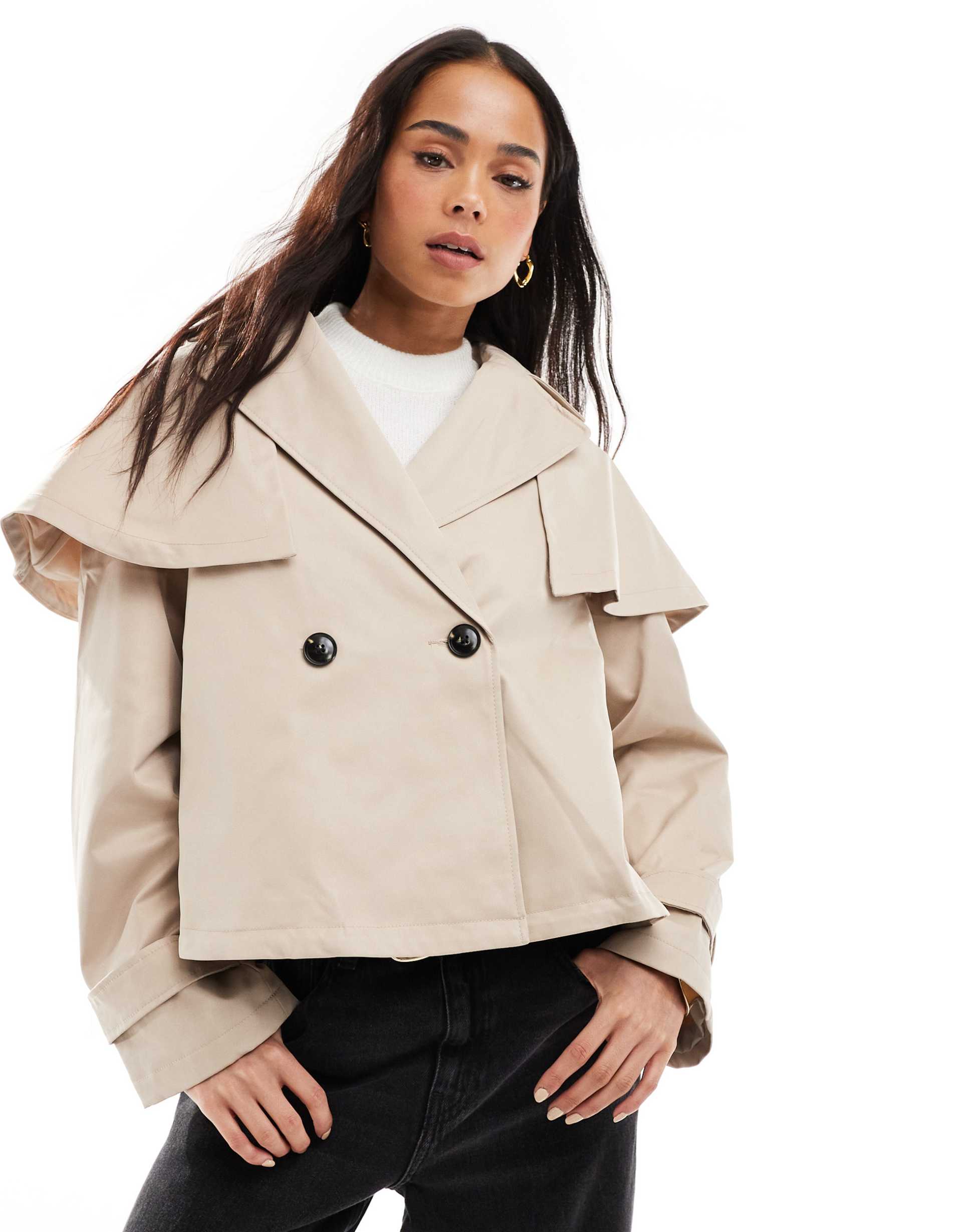 miss selfridge cropped cape trench in stone