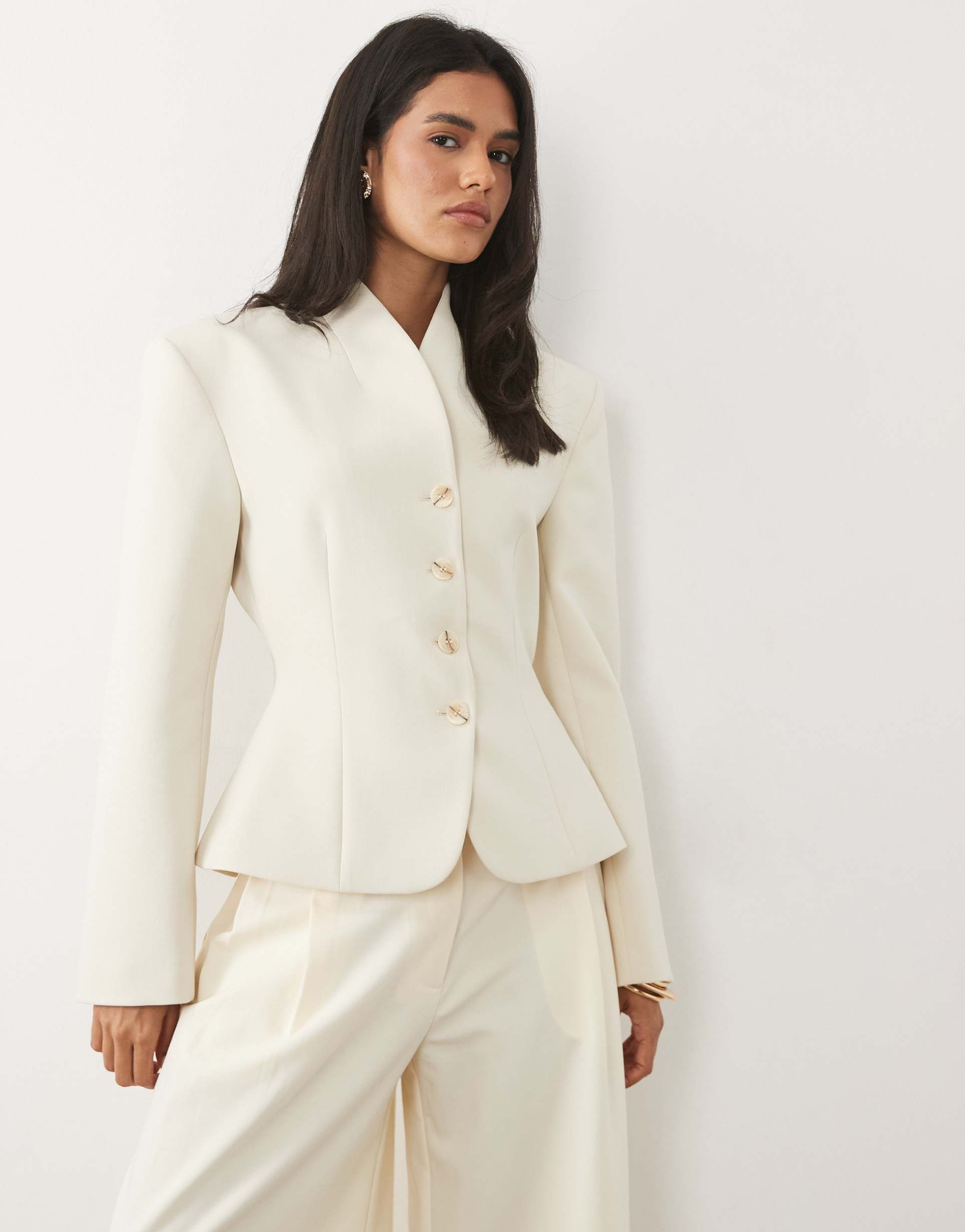 miss selfridge cropped collarless blazer in ivory