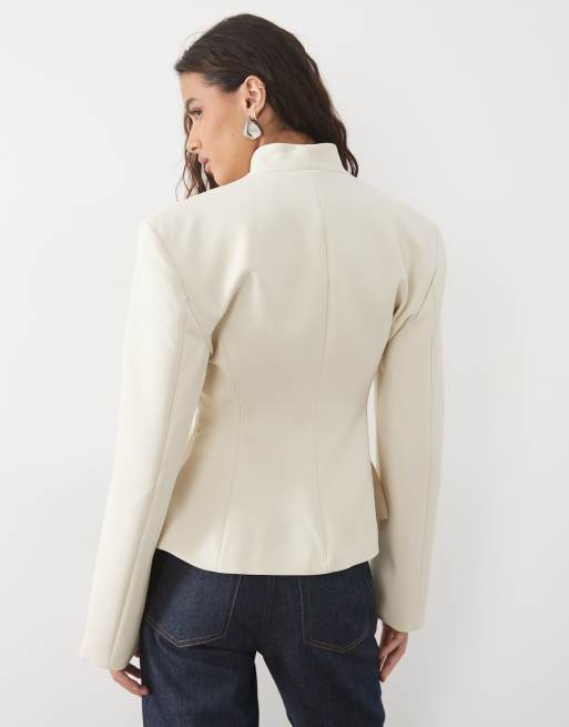 Miss Selfridge cropped collarless blazer in ivory, 2 of 4