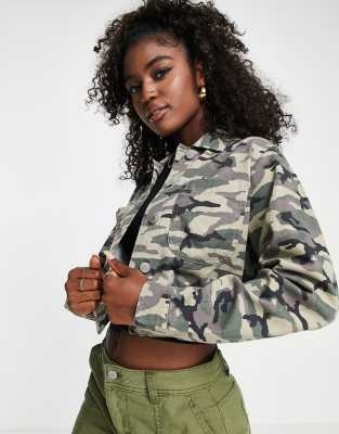 Miss Selfridge cropped denim jacket in camo