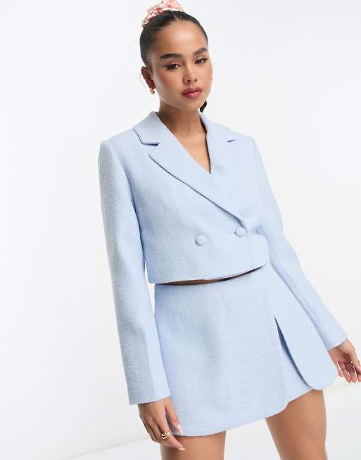 Miss Selfridge - Cropped double breasted blazer in lichtblauw bouclé, deel van co-ord set