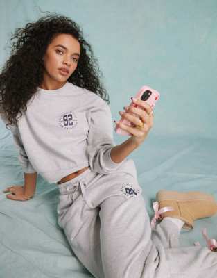 Miss Selfridge cropped graphic print sweat in grey marl (part of a set)