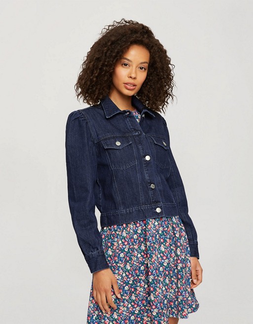 Miss Selfridge cropped jacket with puff sleeves in blue