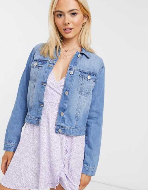 Miss Selfridge cropped oversized denim jacket in light wash blue