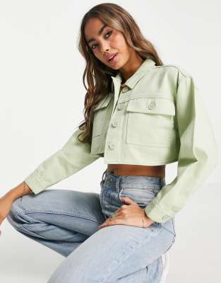 Miss Selfridge cropped shacket in khaki - ASOS Price Checker