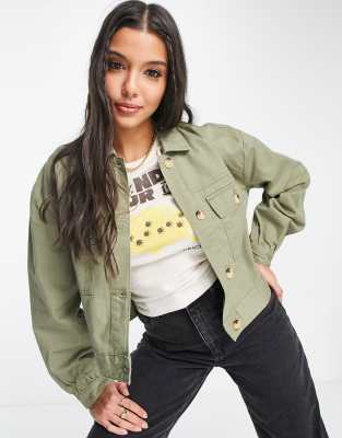 Miss Selfridge cropped shacket in khaki - ASOS Price Checker