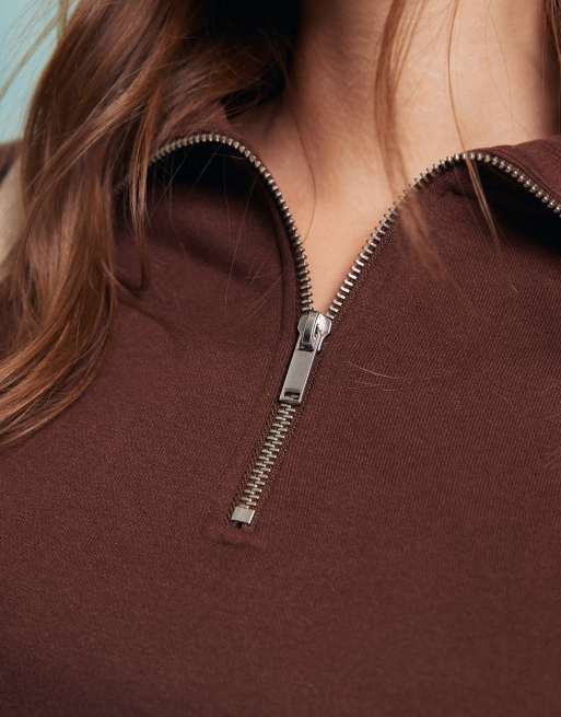 Miss Selfridge - Cropped sweatshirt met halve rits in chocoladebruin, deel van co-ord set, 2 van 4