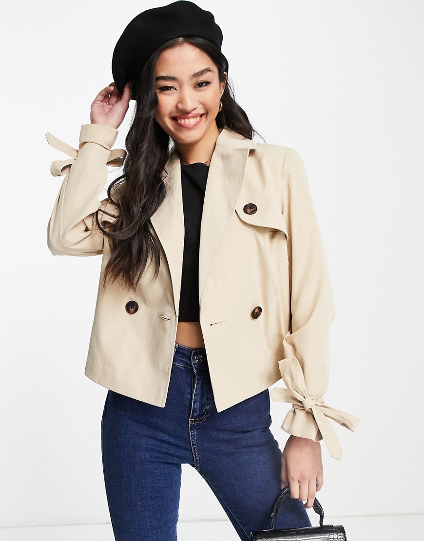 Miss Selfridge cropped trench coat in stone-Neutral