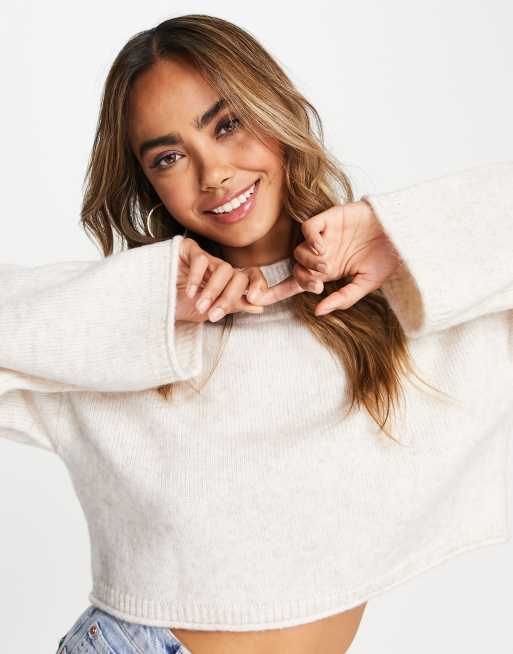 Miss Selfridge - Cropped trui met opstaande hals en vleermuismouwen in lichtbeige