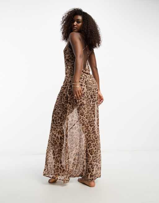 ASOS DESIGN mesh maxi dress in textured leopard print with contrast lining  in black