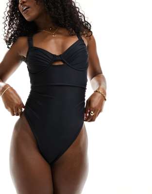 Miss Selfridge cup detail swimsuit in black