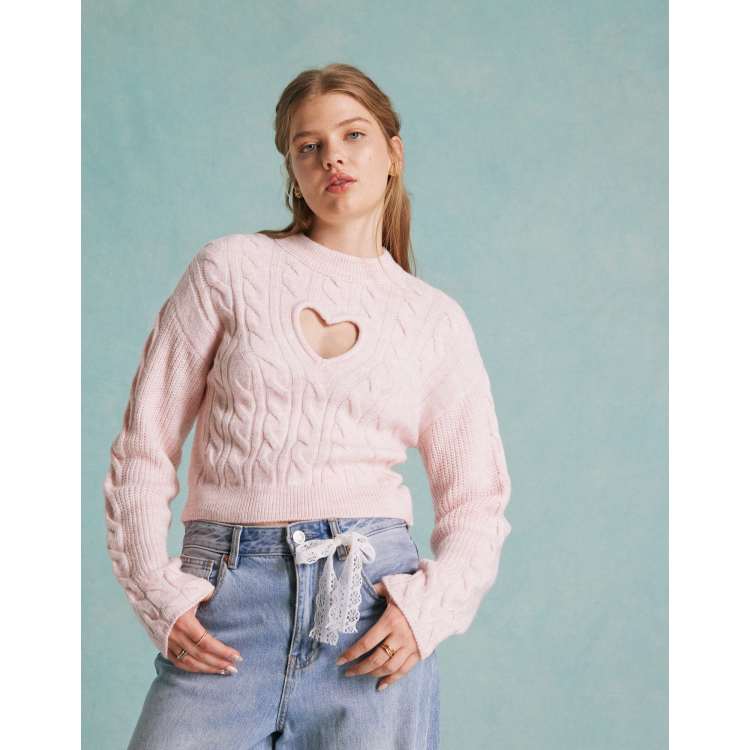 Miss Selfridge cut out heart cable knit jumper in soft pink ASOS