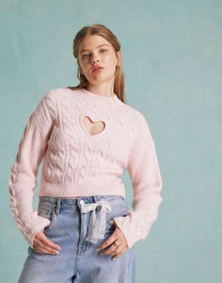 Miss Selfridge Cut Out Heart Cable Knit Sweater In Soft Pink-white