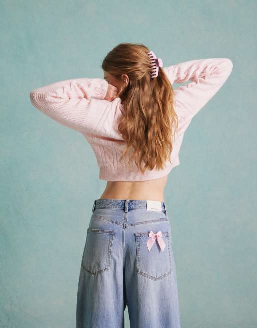 Miss Selfridge cut out heart cable knit sweater in soft pink ASOS