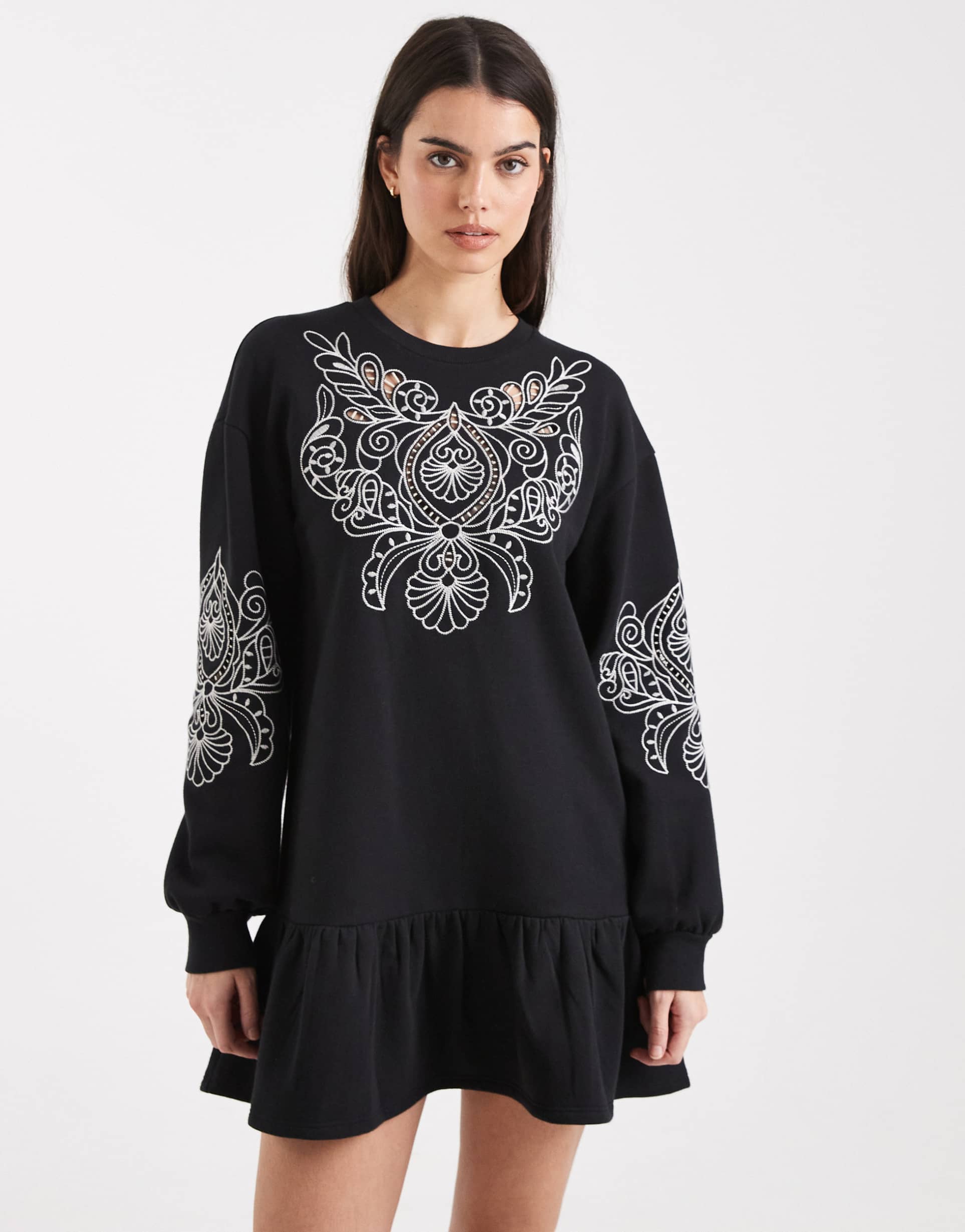 miss selfridge cutwork embroidered dropped waist sweatshirt dress