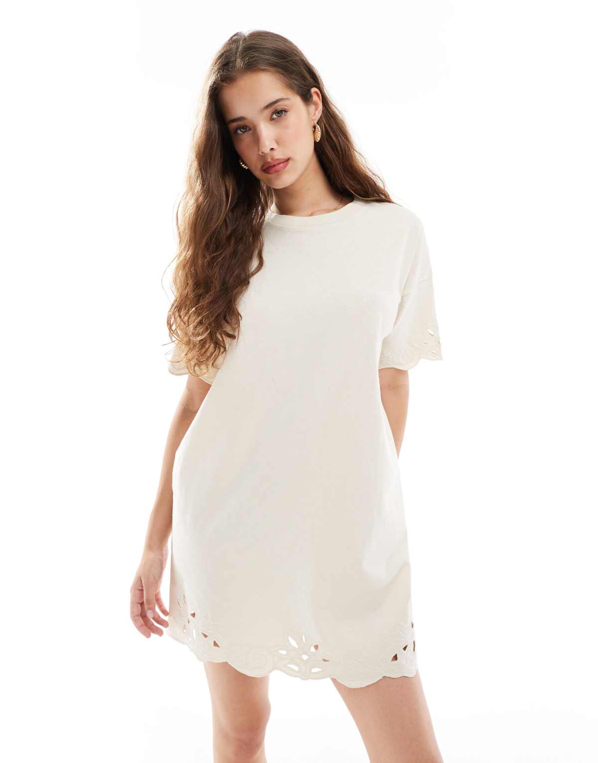 Miss Selfridge cutwork hem t-shirt dress in ecru