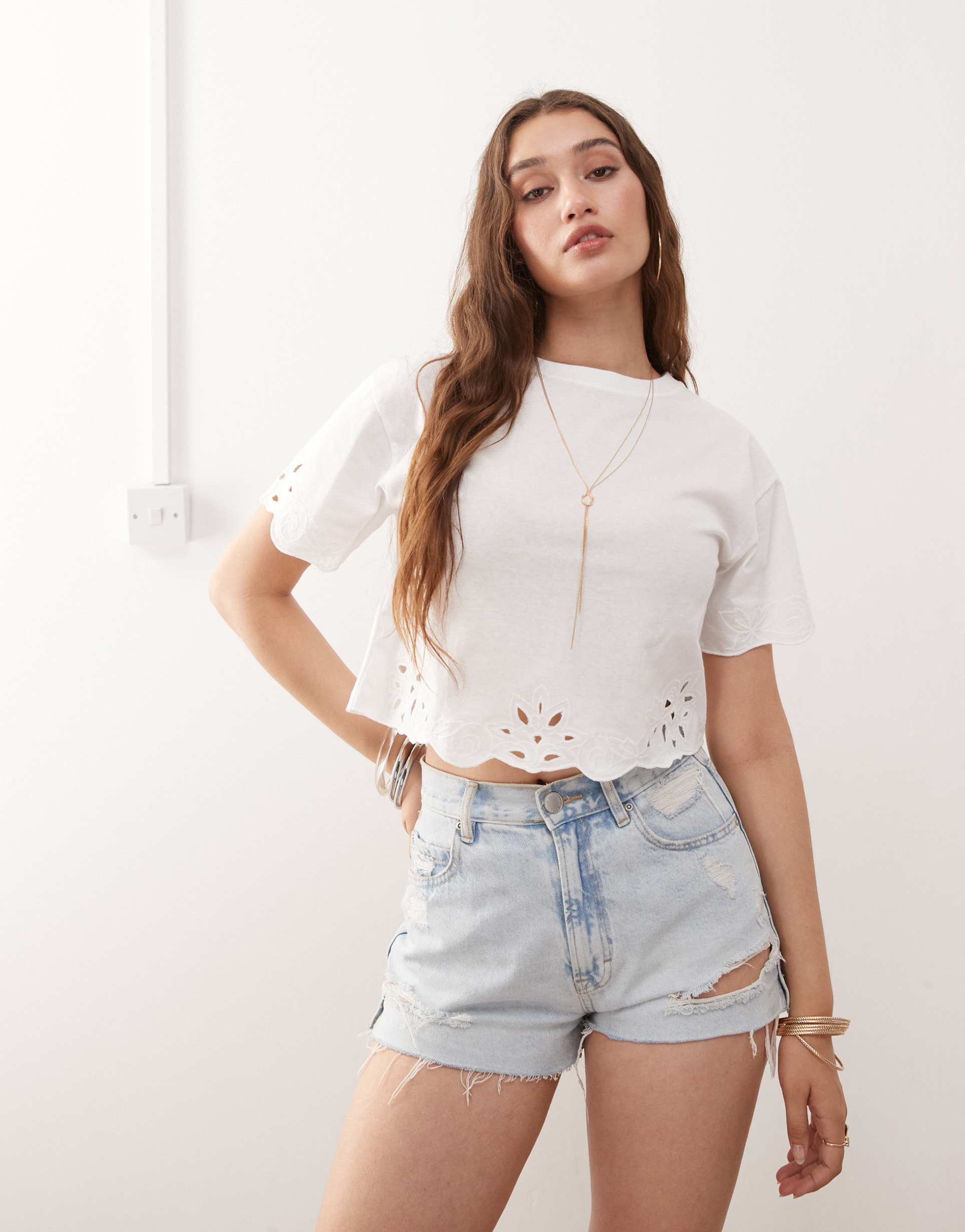 miss selfridge cutwork hem t-shirt in white